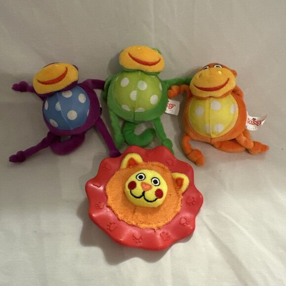 Lot of 4 – Sassy Plush Baby Toys – 4” Monkey & Polka Dot Hippo – Soft Rattle - Picture 1 of 6
